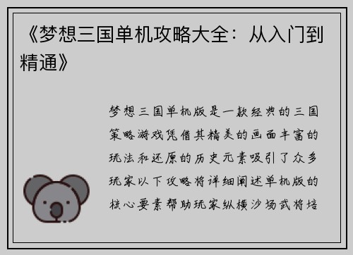 《梦想三国单机攻略大全：从入门到精通》
