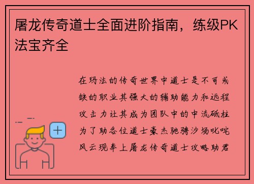 屠龙传奇道士全面进阶指南，练级PK法宝齐全