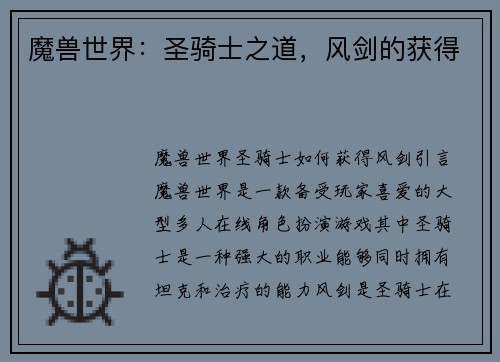 魔兽世界：圣骑士之道，风剑的获得